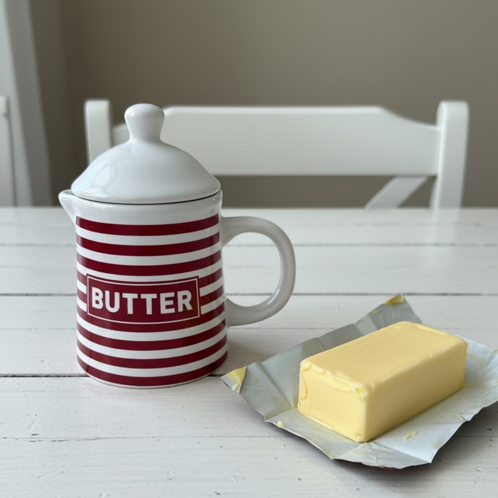 California Pantry Red White Striped Lidded Butter Pitcher Warmer Farmhouse